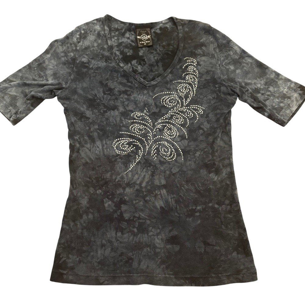 Sledge USA Womens V-Neck Tie Dye Rhinestone Top Charcoal Grey Black Size M